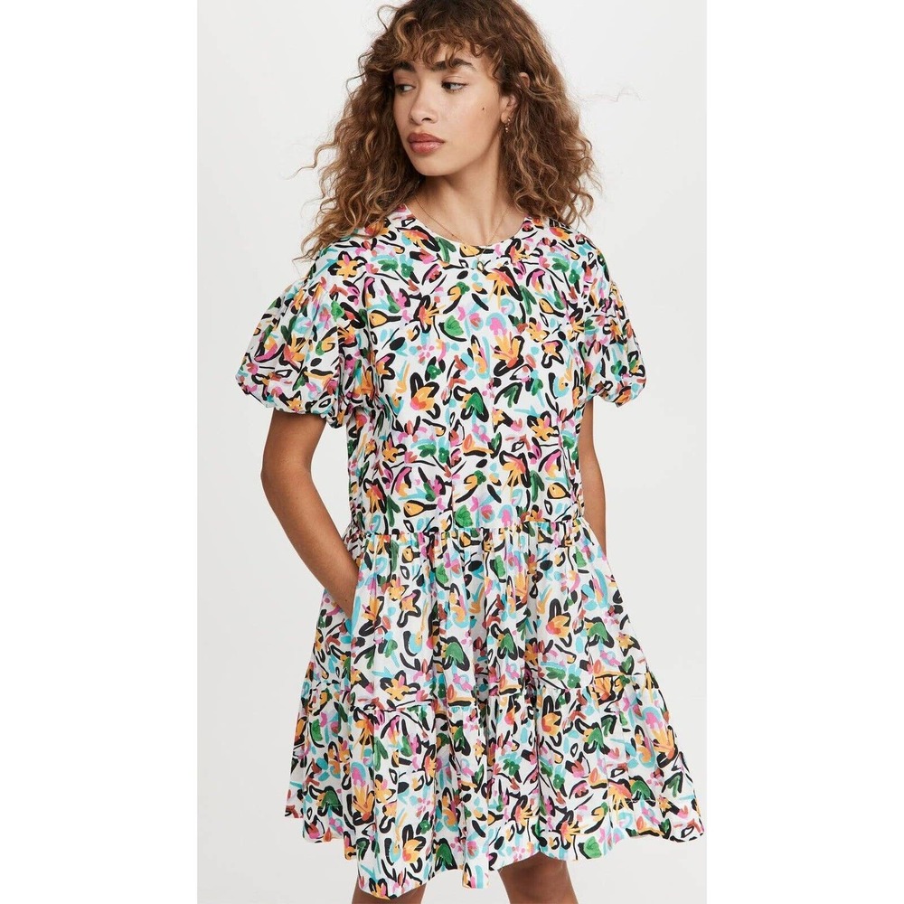 Tanya Taylor Dress Women’s Large White Yellow Lily Floral Mini Puff Sleeve Artsy